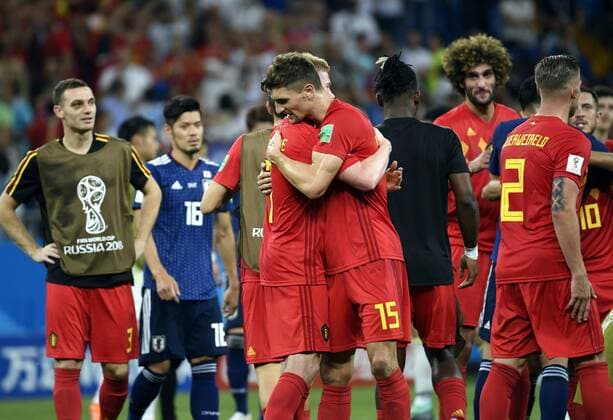 Belgium s Kevin De Bruyne and Belgium s Thomas Meunier celebrate after winning a round of 16 game between Belgian national soccer team the Red Devils and Japan in Rostov, Russia, Monday 02 July 2018. LAURIExDIEFFEMBACQ  x05376390x