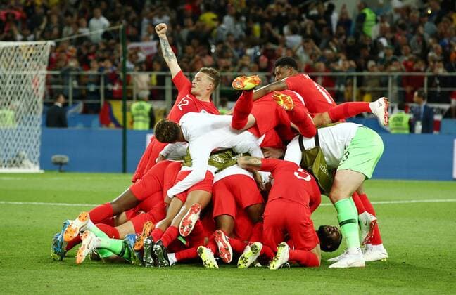 Kieran Trippier John Stones Kyle Walker Goalkeeper Jordan Pickford Harry Kane Englishman Celebrate Victory on Penalties Joy Emotion Cheering Jubilation After End of Sport Football Soccer FIFA World Cup Russia Russia 2018 Season 2017 2018 03 07 2018 Colombia COL vs England ENG