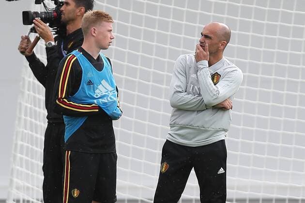 Belgium s Kevin De Bruyne and Belgium s head coach Roberto Martinez pictured during a training session of Belgian national soccer team the Red Devils in Dedovsk, near Moscow, Russia, Wednesday 04 July 2018. The Devils qualified for the quarter-finals of the FIFA World Cup WM Weltmeisterschaft Fussball 2018, next Friday they will meet Brazil. BRUNOxFAHY x05377447x