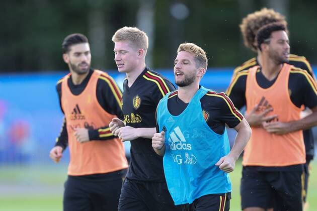 Belgium s Kevin De Bruyne and Belgium s Dries Mertens pictured during a training session of Belgian national soccer team the Red Devils in Dedovsk, near Moscow, Russia, Sunday 08 July 2018. The Devils qualified for the semi-finals of the FIFA World Cup WM Weltmeisterschaft Fussball 2018, next Tuesday they will meet France. BRUNOxFAHY  x05380340x