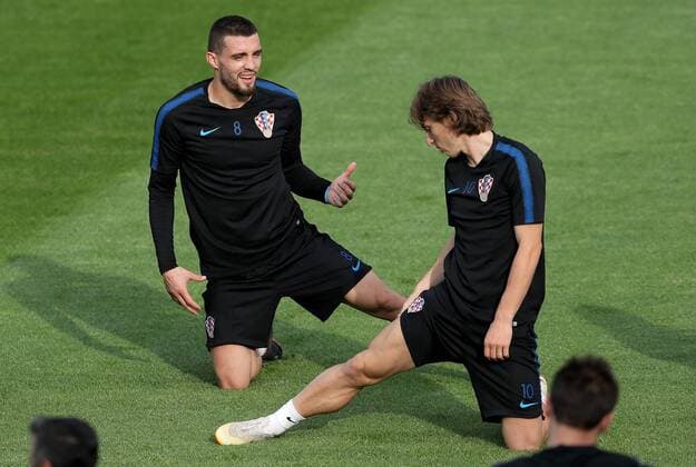 Croatian national football team training 14.07.2018., Moscow, Russia - World Cup 2018 Training of Croatian national football team on the Luznjiki stadium at the finals of the World Cup day before match against France. Luka Modric, Mateo Kovacic. IgorxKralj PIXSELL