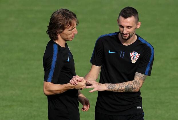Croatian national football team training 14.07.2018., Moscow, Russia - World Cup 2018 Training of Croatian national football team on the Luznjiki stadium at the finals of the World Cup day before match against France. Luka Modric; Marcelo Brozovic  IgorxKralj PIXSELL