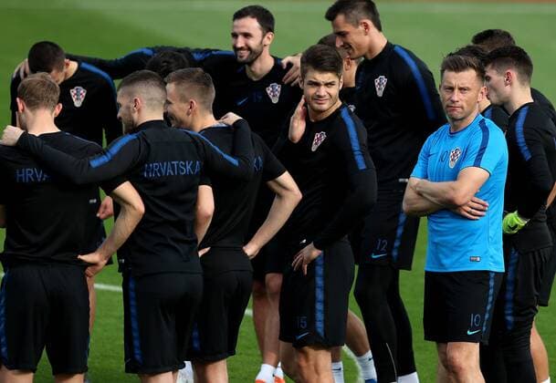Croatian national football team training 14.07.2018., Moscow, Russia - World Cup 2018 Training of Croatian national football team on the Luznjiki stadium at the finals of the World Cup day before match against France. Ivica Olic, Duje Caleta Car. IgorxKralj PIXSELL