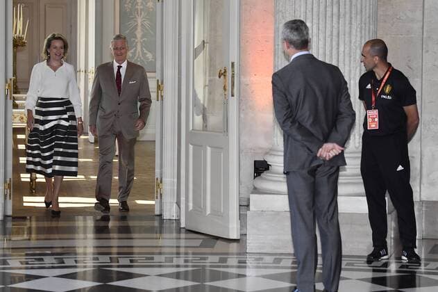 Queen Mathilde of Belgium and King Philippe - Filip of Belgium arrive and Belgium s head coach Roberto Martinez stands at the Royal castle in Laken - Laeken, as Belgian national soccer team Red Devils are received by Royal couple after the presence in the semi-final of the soccer World cup in Russia, Sunday 15 July 2018. ERICxLALMAND x05386508x