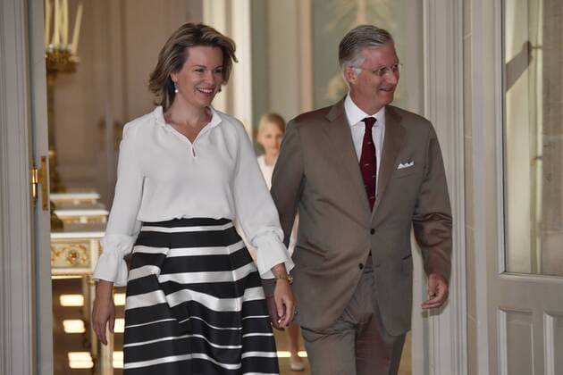 Queen Mathilde of Belgium and King Philippe - Filip of Belgium arrive at the Royal castle in Laken - Laeken, as Belgian national soccer team Red Devils are received by Royal couple after the presence in the semi-final of the soccer World cup in Russia, Sunday 15 July 2018. ERICxLALMAND x05386509x