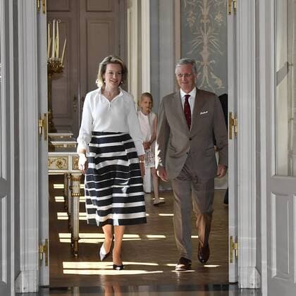 Queen Mathilde of Belgium and King Philippe - Filip of Belgium arrive followed by Princess Eleonore at the Royal castle in Laken - Laeken, as Belgian national soccer team Red Devils are received by Royal couple after the presence in the semi-final of the soccer World cup in Russia, Sunday 15 July 2018. ERICxLALMAND x05386514x