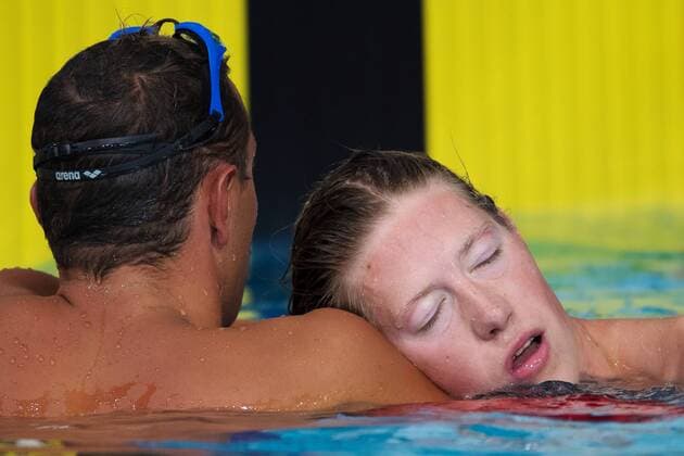 180804 Jan Micka of Czech Republic and Henrik Christiansen of Norway after competing in the qualification of 1500 meters freestyle swimming during the European Championships on August 4, 2018 in Glasgow Photo Joel Marklund BILDBYR N Code JM 87766  Copyright: JOELxMARKLUND BB180804JM059