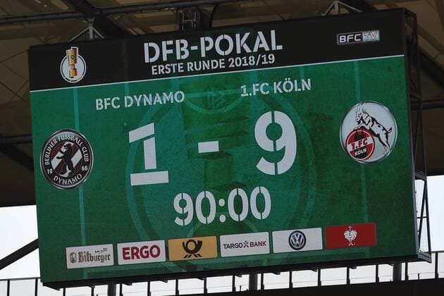 Football Mens DFB Pokal Season 2018 19 1 Main Round BFC Dynamo 1 FC Köln Scoreboard with the 1 9 Final 19 08 18 Copyright: xMichaelxHundtx xMatthiasxKochx