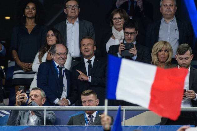 French President Emmanuel Macron and his wife Brigitte Macron (C) and Noel Le Graet, during the UEFA Nations League football match France against Holland on September 9, 2018 at the Stade de France in Saint Denis, France. Copyright: xAurelienxMorissardx