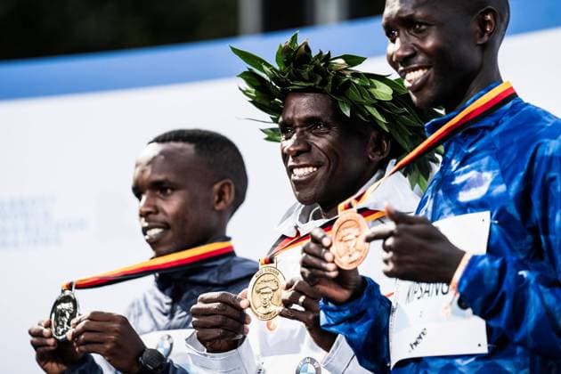 Berlin Germany 16 09 2018 Amos Kipruto Kenya Eluid Kipchoge Kenya and Wilson Kipsang Kenya at the award ceremony at the Berlin Marathon 2018