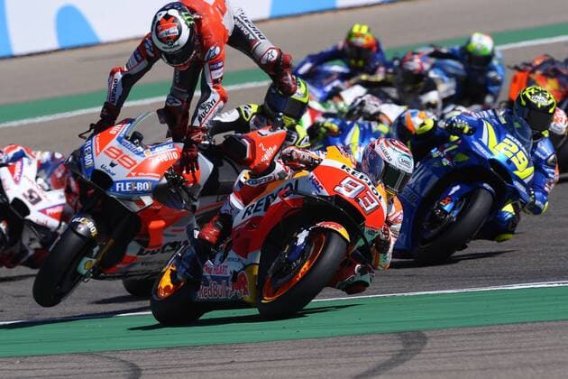 Marc Marquez 93 of Spain and Repsol Honda Team and Crash of Jorge Lorenzo 99 of Spain and Ducati Team during race day of the Gran Premio Movistar of Aragon or World Championship of MotoGP at Motorland Aragon Circuit on September 23, 2018 in Alcaniz Spain  xJosexBretonx xMotoGPxofxAragonx-xRacex