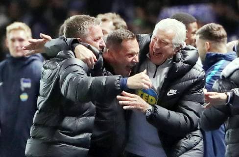 Coach Rainer Wiedmayer Coach Pal Dardai Joy Emotion Cheering Jubilation after the game Final whistle Sport Football Soccer DFL Bundesliga Season 2018 2019 28 09 2018 Hertha BSC Berlin vs FC Bayern Munich FCB DFL regulations prohibit any use of images as image sequences and or quasi video