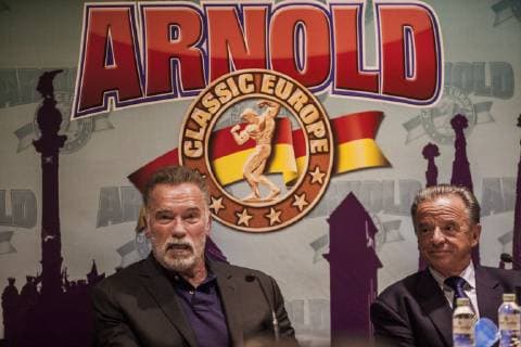 September 28, 2018 - Barcelona, Catalonia, Spain - press conference PK Pressekonferenz of Arnold Schwarzenegger, left, and Rafael Santonja, right, president of the IFBB, in the Arnold Classic Europe 2018 multisport competition in Barcelona, Spain. Press conference of Arnold Schwarzenegger in the Arnold Classic Europe 2018 multisport competition in Barcelona, Spain. - ZUMAa131 85767209st Copyright: xCelestinoxArcexLavinx