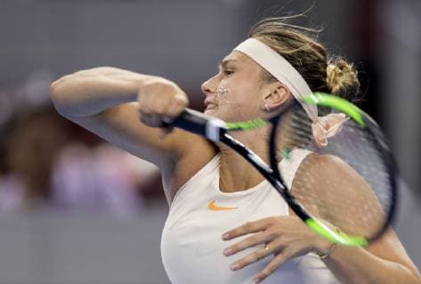 (181002) -- BEIJING , Oct. 2, 2018 -- Aryna Sabalenka of Belarus hits a return during the women s singles second round match against Garbine Muguruza of Spain at China Open tennis tournament in Beijing, China, Oct. 2, 2018. Aryna Sabalenka won 2-0. ) (SP)CHINA-BEIJING-TENNIS-CHINA OPEN-WOMEN S SINGLES (CN) FeixMaohua