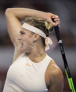 (181002) -- BEIJING , Oct. 2, 2018 -- Aryna Sabalenka of Belarus hits a return during the women s singles second round match against Garbine Muguruza of Spain at China Open tennis tournament in Beijing, China, Oct. 2, 2018. Aryna Sabalenka won 2-0. ) (SP)CHINA-BEIJING-TENNIS-CHINA OPEN-WOMEN S SINGLES (CN) FeixMaohua