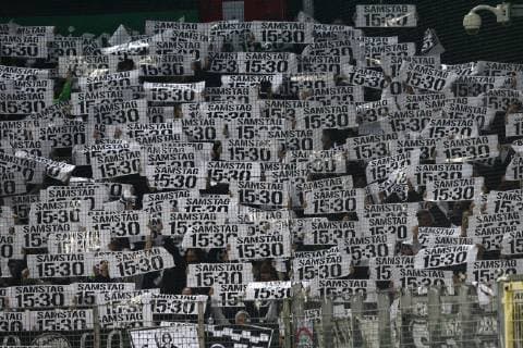 SC Freiburg Borussia Moenchengladbach Fan Block Borussia Moenchengladbach with posters kick-off Saturday 3