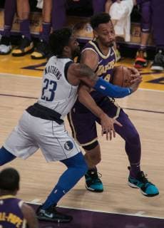 October 31, 2018 - Los Angeles, California, U.S - Johnathan Williams 19 of the Los Angeles Lakers tries to go around Wesley Matthews 23 of the Dallas Mavericks during their NBA Basketball Herren USA game on Wednesday October 31, 2018 at the Staples Center in Los Angeles, California. Lakers vs Mavericks - ZUMAp124 20181031_zaa_p124_017 Copyright: xJavierxRojasx