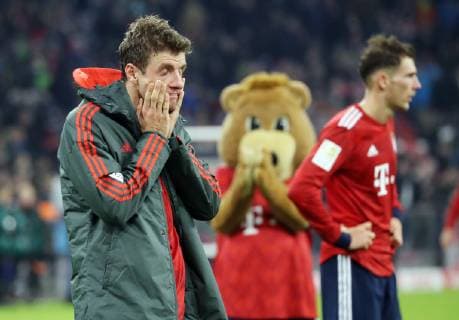 Bayern Düsseldorf 3 3 after end of game Thomas Müller mascot and Leon Goretzka Munich Bavaria Germany Allianzarena