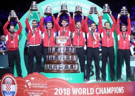 Sport Themen der Woche KW47 Sport Bilder des Tages Davis Cup final France - Croatia 25.11.2018., Lille, France - Pierre-Mauroy stadium, the final of Davis Cupa between France and Croatia. Match Lucas Pouille VS Marin Cilic. Croatia won Davis Cup, press conference PK Pressekonferenz after Zeljko Krajan, Marin Cilic, Borna Coric, Franko Skugor, Mate Pavic, Ivan Dodig, Viktor Galovic, Nikola Mektic SanjinxStrukic PIXSELL