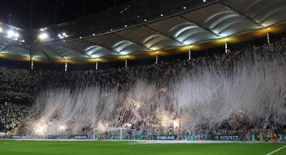 29 11 2018 GER Frankfurt am Main Commerzbankarena Europa League Eintracht Frankfurt SGE Olympique Marseille brilliant choreography of the fans Ultras in the curve DFL regulations prohibit any use of photographs as image sequences and or quasi video