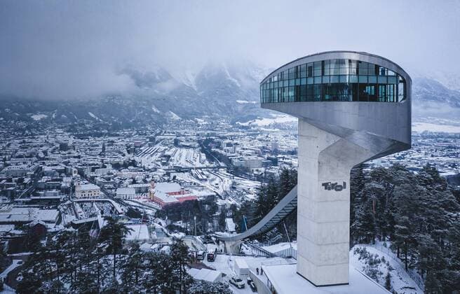 04 01 2019 Bergiselschanze Innsbruck AUT FIS World Cup Ski Jumping Four Hills Tournament Innsbruck pictured Bergisel Schanze and Innsbruck from the air Arial View of the Bergisel Hill with Stadium and the City of Innsbruck during the Four Hills Tournament of FIS Ski Jumping World Cup at the Bergiselschanze in Innsbruck Austria on 2019 01 04 Innsbruck  EX_FEI
