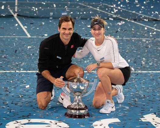 L R Winners Belinda Bencic and Roger Federer Mixed Doubles Presentation Tennis Hopman Cup 2019 ITF RAC Arena Perth Western Australia Australia 5 January 2019 Â Copyright: xJuergenxHasenkopfx
