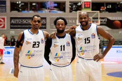 easycredit Basketball Bundesliga Matchday 15 on 5 1 2019 Season 2018 2019 Science City Jena vs Giessen 46ers v li the BBL veterans Immanuel McElroy Julius Jenkins and Derrick Allen all Jena Sparkassen Arena Jena