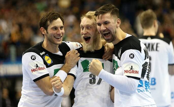 Jubilation after victory at Uwe Gensheimer Germany Matthias Musche Germany Fabian Wiede Germany at the match Germany against Brazil the Handball World Championship 2019 the men on 12 01 2019 in the Mercedes Benz Arena in Berlin Handball World Championship 2019 Group A Germany Brazil