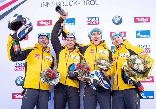 19 01 2019 Olympia Eiskanal Innsbruck AUT BMW IBSF World Cup Bob Igls Mens two-seater award ceremony in picture v l Florian Bauer Johannes Lochner GER 2 place Thorsten Margis Francesco Friedrich GER 1 place f l second placed Florian Bauer and Johannes Lochner of Germany winner Thorsten Margis and Francesco Friedrich of Germany during the winner Ceremony of the men s doubles Bobsleigh of the BMW IBSF Bob World Cup at the Olympia Eiskanal in Innsbruck Austria on 2019 01 19 Innsbruck  EX_GRO