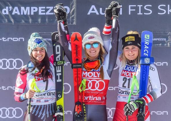 20 01 2019 Olympia delle Tofane Cortina d Ampezzo ITA FIS World Cup Ski Alpin SuperG Women Award Ceremony in picture Tina Weirather LIE second place Mikaela Shiffrin USA Winner Tamara Tippler AUT third place second place Tina Weirather of Liechtenstein winner Mikaela Shiffrin of the USA third place Tamara Tippler of Austria during the winner Ceremony of her run in the ladie s SuperG of FIS ski alpine world cup at the Olympia delle Tofane in Cortina d Ampezzo Italy on 2019 01 20 Cortina d Ampezzo  EX_SPI