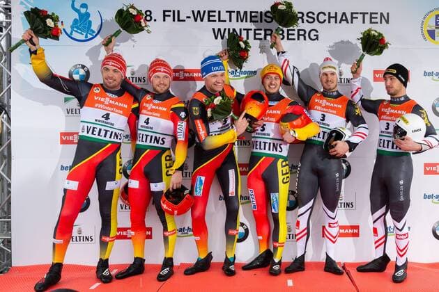 v li Tobias Wendl GER Germany Tobias Arlt GER Germany Toni Eggert GER Germany Sascha Benecken GER Germany Thomas Steu AUT Austria Lorenz Koller AUT Austria Flower Ceremony Flower Ceremony Award Ceremony Jubel celebration FIL Luge World Championship 2019 Winterberg xprx