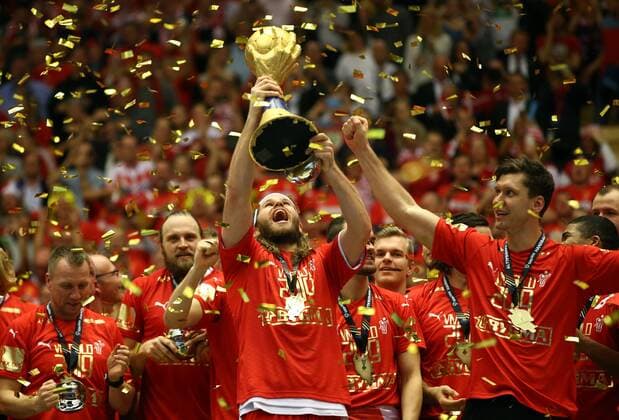 Mikkel Hansen re Goalkeeper Niklas Landin with World Cup World Champion Winner Winner Sport Handball World Championship World Championship Mens Final Season 2018 2019 27 01 2019 Norway NOR vs Denmark DEN