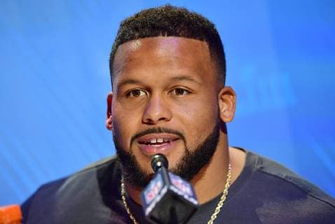 Los Angeles Rams Aaron Donald speaks to the media during Super Bowl Opening Night at the State Farm Arena on January 28, 2019 in Atlanta. The Los Angeles Rams will play the New England Patriots in Super Bowl LIII on Sunday, February 3.  SBP20190128131 KEVINxDIETSCH