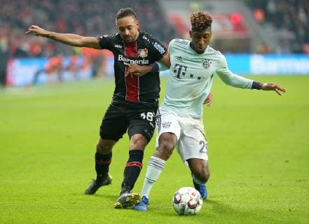 02 02 2019 Football 1 Bundesliga 2018 2019 20 Matchday Bayer 04 Leverkusen FC Bayern München in der BayArena Leverkusen L R Karim Bellarabi Bayer Leverkusen vs. Kingsley Coman Bayern München DFL and DFB regulations prohibit any use of photographs as image sequences and or quasi video