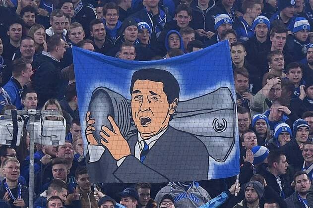 Football DFB Cup Round of 16 FC Schalke 04 Fortuna Düsseldorf on 06 02 2019 in the Veltins Arena in Gelsenkirchen Transparent poster with the likeness of the late Rudi Assauer DFB regulations prohibit any use of photographs as image sequences and or quasi video xRx
