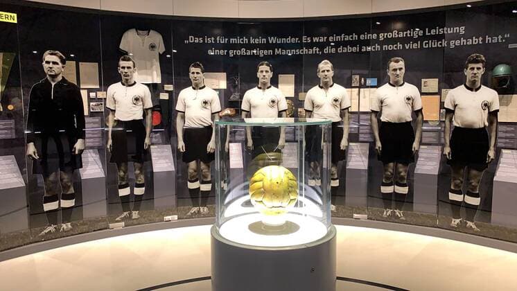 World Championelf of 1954 with the original match ball of the final Wunder von Bern in the exhibition of the German Football Museum in Dortmund 08 02 2019 German Football Museum in Dortmund DISCLAIMER DFL regulations prohibit any use of photographs as image sequences and or quasi video