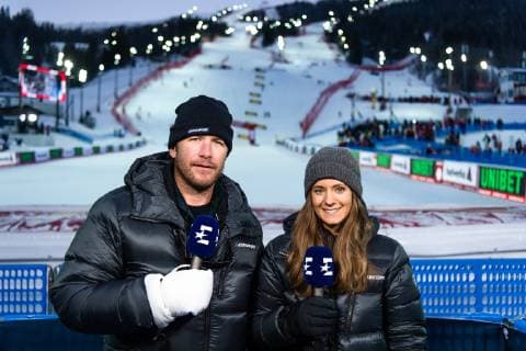 190208 Bode Miller and Isabel Boltenstern in the Eurosport studio ahead of the women s alpine combination during the FIS Alpine World Ski Championships on February 8 2019 in u0081re Photo Joel Marklund BILDBYR u0081N kod JM 87851,  Copyright: JOELxMARKLUND BB190208JM117