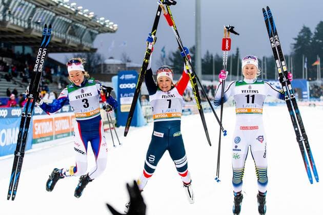 190209 Sophie Caldwell of USA Maiken Caspersen Falla of Norway and Maja Dahlqvist of Sweden celebrates after the women s sprint quarter finale during the FIS Cross Country World Cup on February 9 2019 in Lahti Photo Johanna Lundberg BILDBYR u0081N 135946,  Copyright: JOHANNAxLUNDBERG BB190209BB391