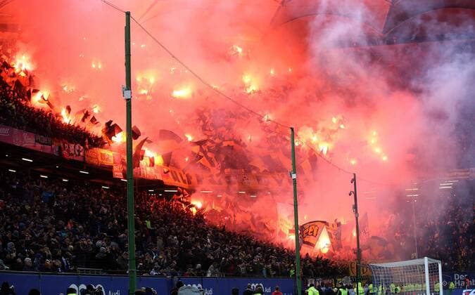 2 Soccer Bundesliga Season 2018 2019 21 Matchday Hamburger SV Dynamo Dresden at Volksparkstadion Dresden Fanblock DFL REGULATIONS PROHIBIT ANY USE OF PHOTOGRAPHS AS IMAGE SEQUENCES AND OR QUASI VIDEO