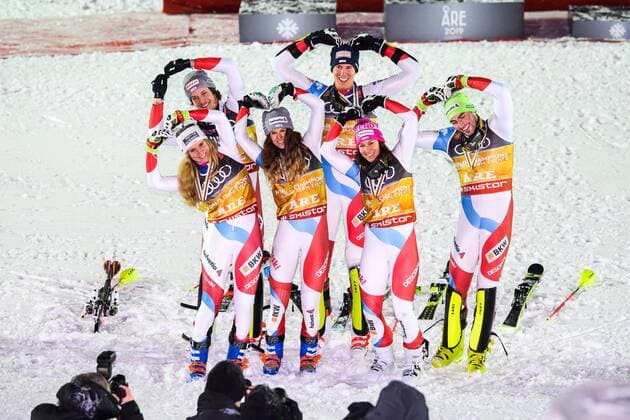 190212 Team Switzerland celebrates at the medal ceremony after the competing in the team event during the FIS Alpine World Ski Championships on February 12 2019 in u0081re Photo Joel Marklund BILDBYR u0081N kod JM 87863,  Copyright: JOELxMARKLUND BB190212JM111