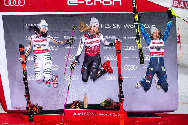 190219 Christina Geiger of Germany Mikaela Shiffrin of USA and Anna Swenn Larsson of Sweden celebrates on the podium after the FIS alpine world cup city event on February 19 2019 in Stockholm,  Copyright: DANIELxSTILLER BB190219DS040