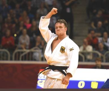 Judo Düsseldorf Grand Slam 23 02 2019 Men up to 81 KG Round 2 Timo Cavelius GER in White cheers after winning against Petr IVAN CZE HM