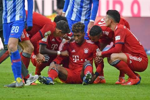 Kingsley COMAN Bayern Muenchen injured injury substitution football 1 Bundesliga 23 matchday matchday23 FC Bayern Muenchen M Hertha BSC Berlin B on 23 02 2019 in Muenchen A L L I A A N Z A R E N A DFL REGULATIONS PROHIBIT ANY USE OF PHOTOGRAPHS AS IMAGE SEQUENCES AND OR QUASI VIDEO