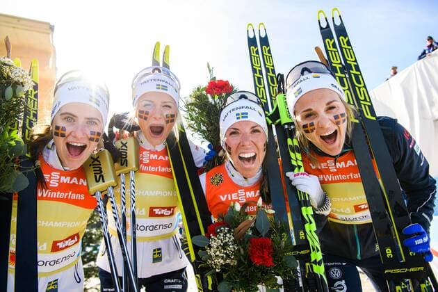 190228 Ebba Andersson Frida Karlsson Charlotte Kalla and Stina Nilsson of Sweden celebrates after women s 4 x 5km relay during the FIS Nordic World Ski Championships on February 28 2019 in Seefeld in Tirol Photo Joel Marklund BILDBYRAN code JM 87902,  Copyright: JOELxMARKLUND BB190228JM041
