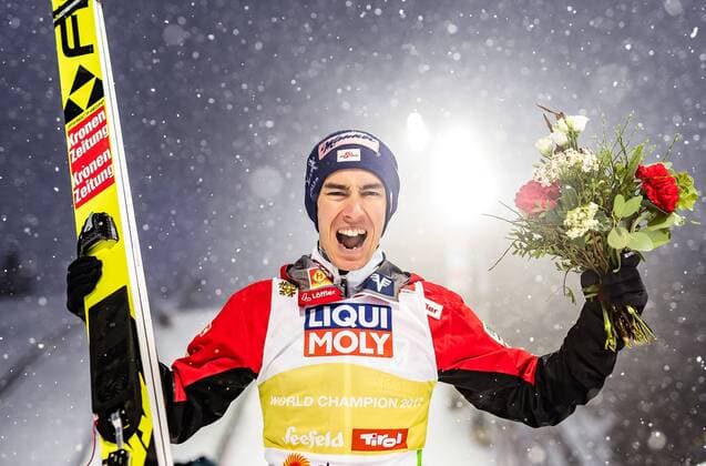 01 03 2019 Seefeld AUT FIS World Championships Ski Nordic Seefeld 2019 Ski Jump Mens Flower Ceremony in picture Bronze Medal Winner Stefan Kraft AUT Bronze medallist Stefan Kraft AUT during the flowers ceremony for the men s Skijumping of FIS Nordic Ski World Championships 2019 Seefeld Austria on 2019 03 01 Seefeld  EX_FEI