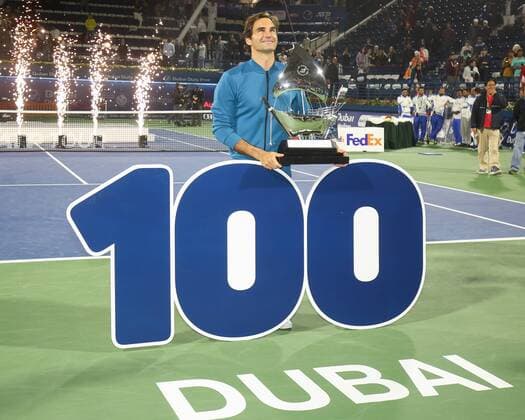 Winner Roger Federer poses with the number 100 after winning his title number one hundred has won award ceremony presentation tennis Dubai Duty Free Tennis Championships ATP Dubai Duty Free Tennis Stadium Dubai United Arab Emirates 2 March 2019 Â Copyright: xJuergenxHasenkopfx