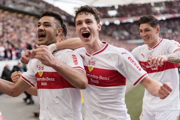 Ozan Kabak VfB Stuttgart 18 cheers his goal to 3 0 with Benjamin Pavard VfB Stuttgart 21 VfB Stuttgart vs. Hannover 96 Soccer men 1 Bundesliga 24 game day season 18 19 GER 03 03 2019 DFL REGULATIONS PROHIBIT ANY USE OF PHOTOGRAPHS AS IMAGE SEQUENCES AND OR QUASI VIDEO VfB Stuttgart vs. Hannover 96 Soccer men 1 Bundesliga 24 game day season 18 19 GER 03 03 2019 Stuttgart Copyright: xEIBNER WolfgangxFrankx EP_WFK