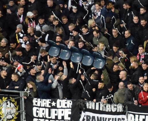 07 03 2019 xhbx Football Europa League 1 8 Final Eintracht Frankfurt Inter Milan emspor v l Eintracht fans throw bench from block DFL DFB REGULATIONS PROHIBIT ANY USE OF PHOTOGRAPHS as IMAGE SEQUENCES and or QUASI VIDEO Frankfurt am Main