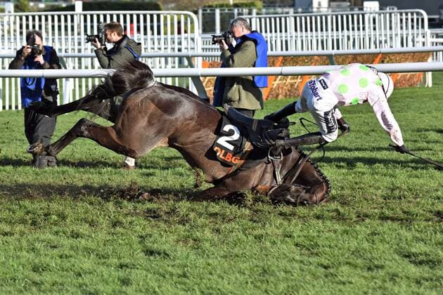 12 03 2019 Cheltenham Cloucestershire GBR Benie Dieux and Ruby Walsh falling during the Mares Hurdle at the last fence Both stay unhurt Cheltenham racecourse horse Jockey Benie Dieux Walsh fall fall fall accident danger dangerous injury risk hurdle hurdle race obstacles race neck break 190312C943CHELTENHAM JPG