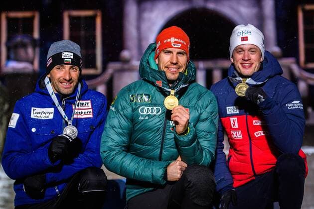 190313 Vladimir Iliev of Bulgaria Arnd Peiffer of Germany and Tarjei Bo of Norway celebrates at the medal ceremony for the Men s 20 km Individual during the IBU World Championships Biathlon on March 13 2019 in Östersund Photo Petter Arvidson BILDBYRAN kod PA 92264,  Copyright: PETTERxARVIDSON BB190313PA173